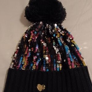 Betsey Johnson Black Sequin Beanie with Pom-Pom